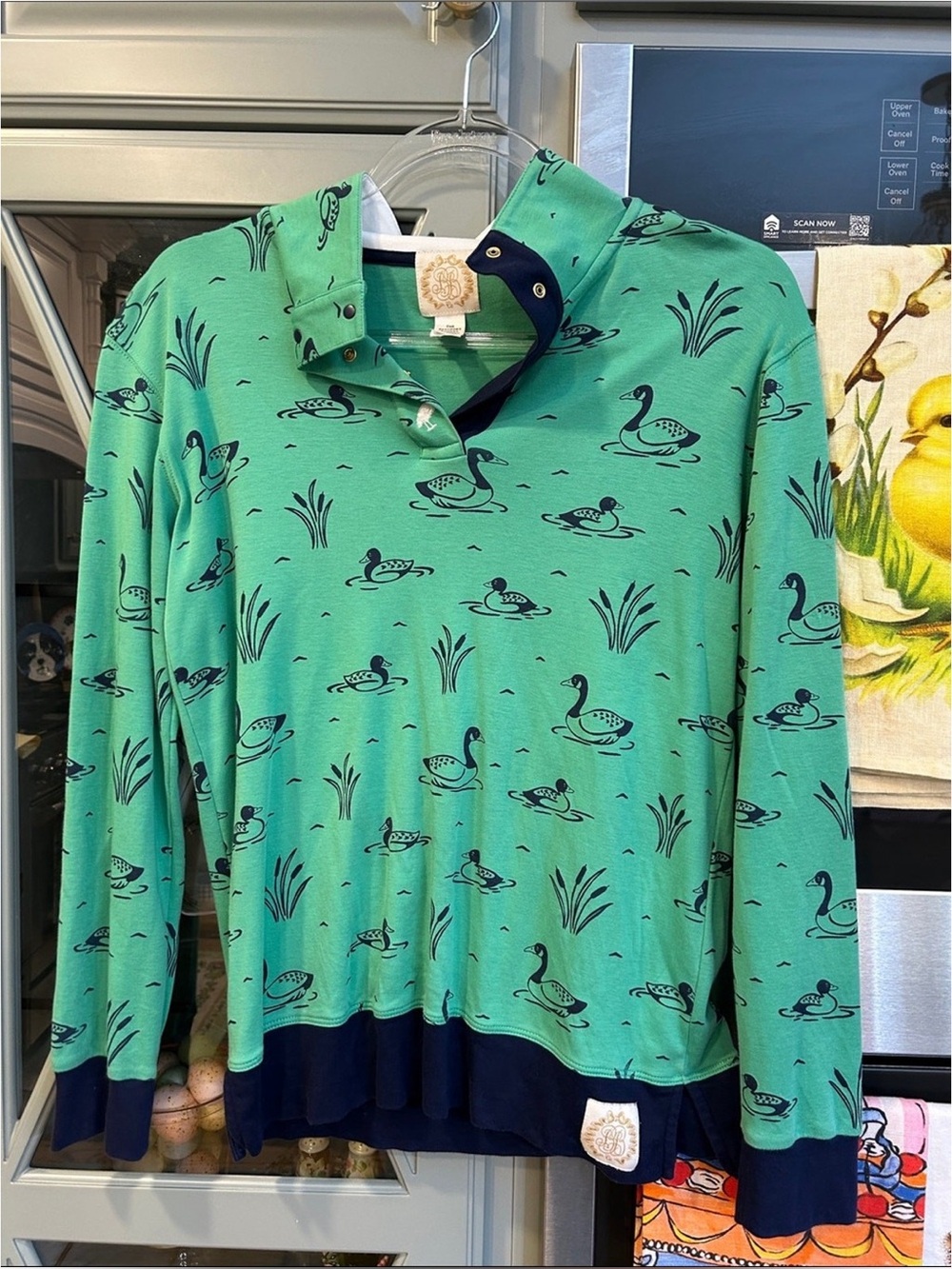 The Beaufort Bonnet Company Green and Navy Duck-Print Long Sleeve Polo